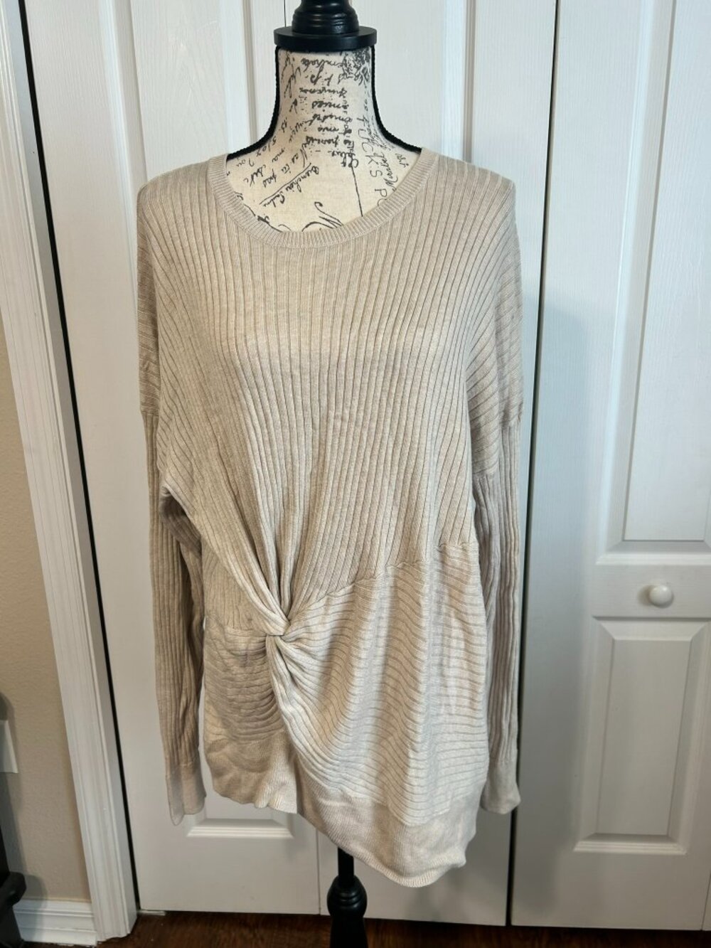Something Navy Knot Front Sweater Womens L Beige Ribbed Cashmere Blend